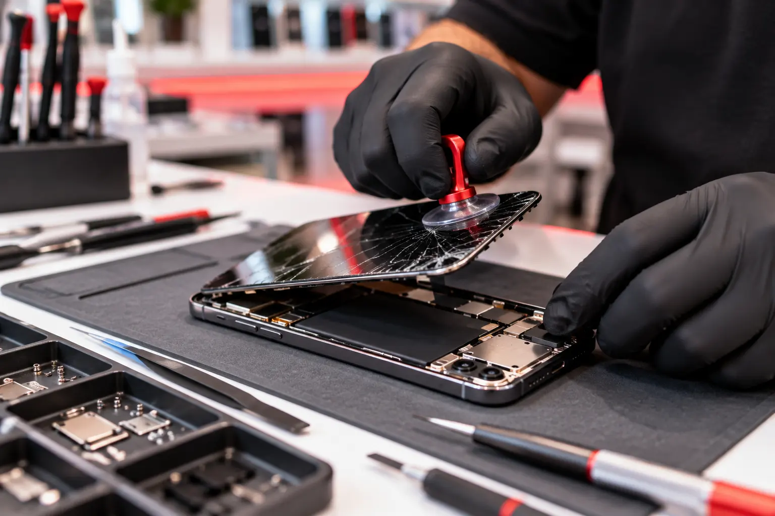 Techniker tauscht ein iPhone-Display in der Werkstatt in Augsburg-Pfersee